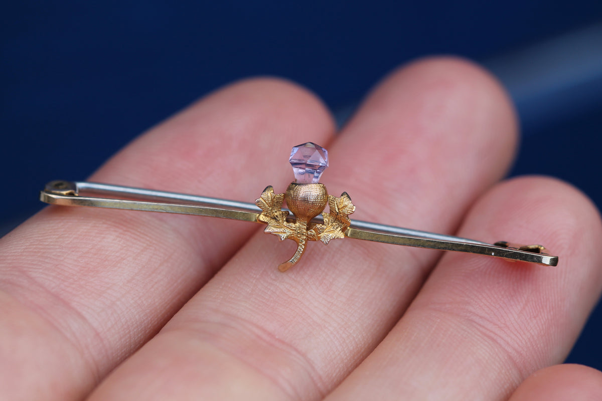 Antique 9ct Gold & Amethyst Scottish Thistle Brooch — view 4