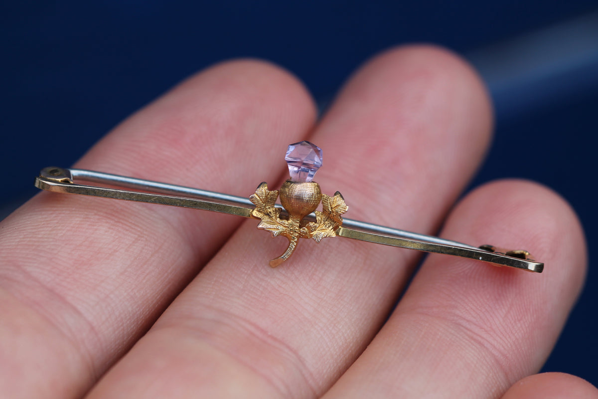 Antique 9ct Gold & Amethyst Scottish Thistle Brooch — view 5