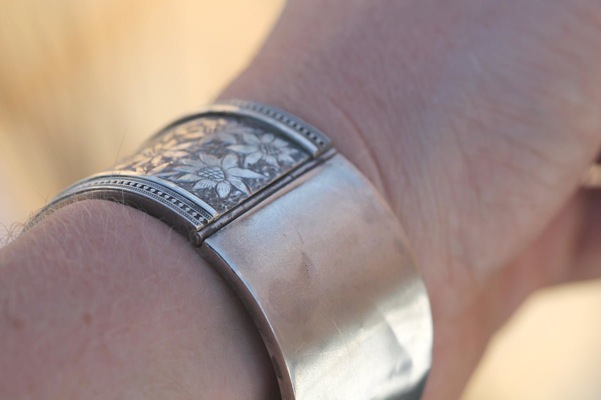 Reverse of antique Chester silver hinged cuff bangle