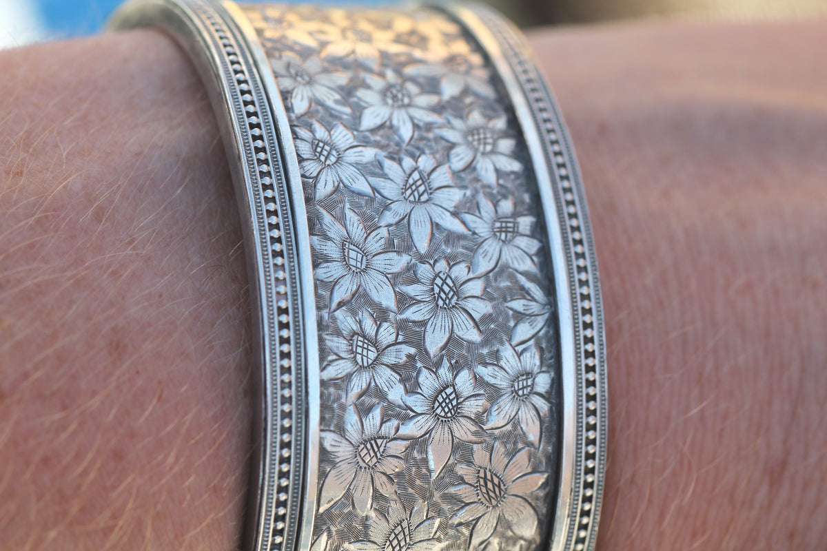 Antique Victorian sterling silver floral engraved cuff bangle