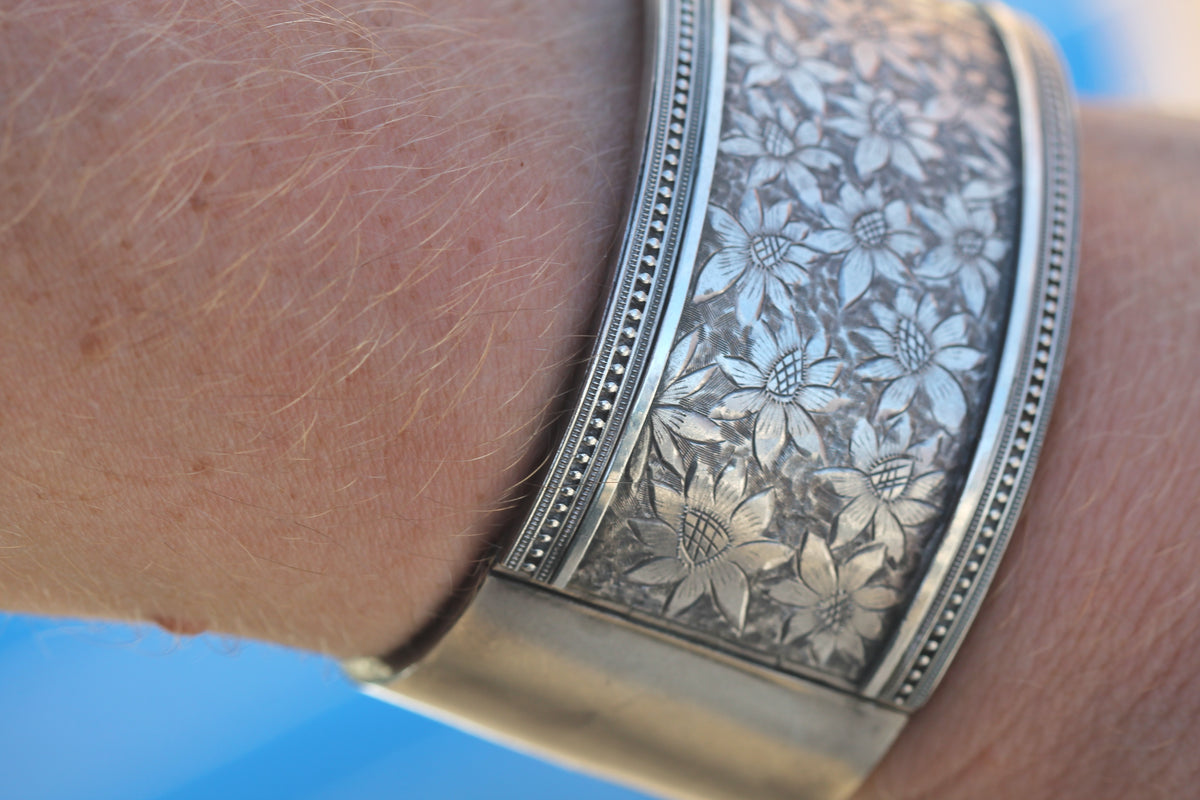 Antique Victorian Sterling Silver Floral Engraved Cuff Bangle | 1882 — view 9