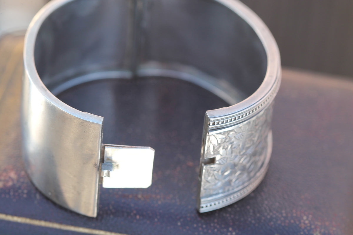 Antique Victorian Sterling Silver Floral Engraved Cuff Bangle | 1882 — view 10