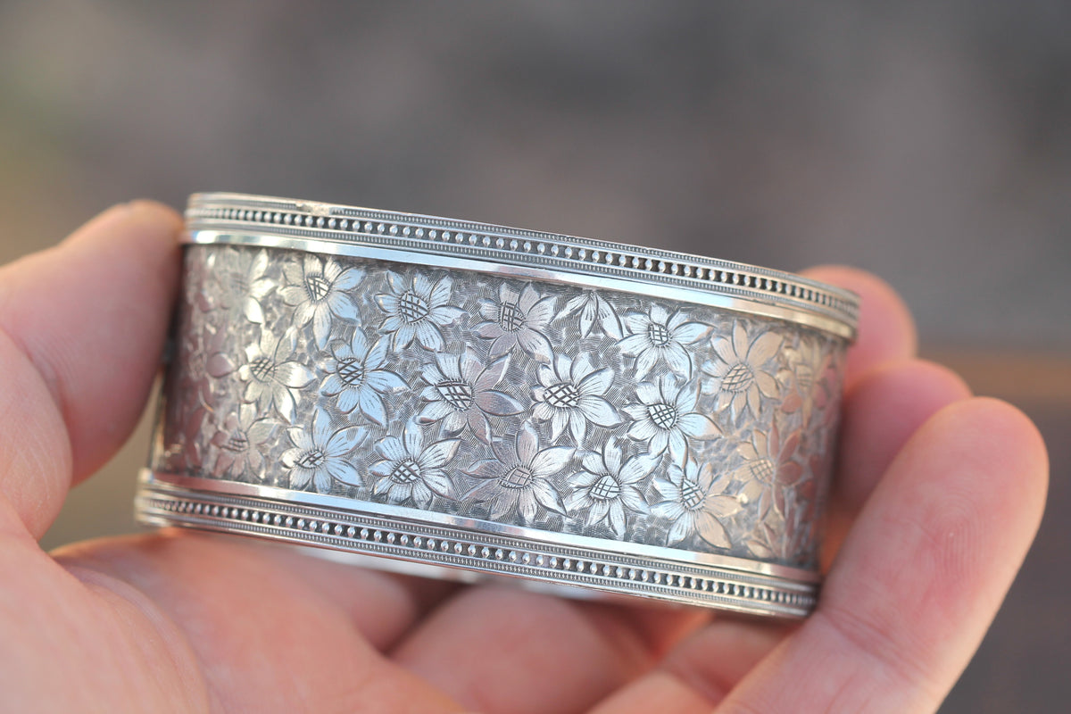 Antique Victorian Sterling Silver Floral Engraved Cuff Bangle | 1882 — view 11
