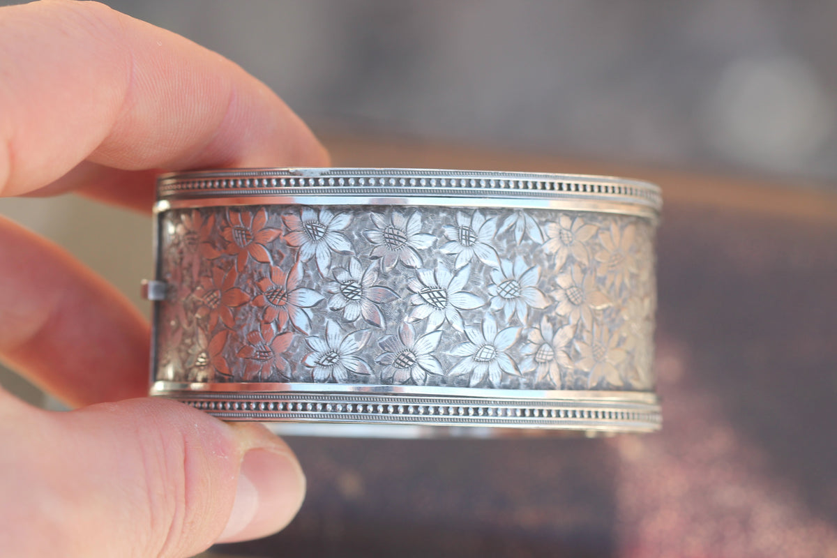 Antique Victorian Sterling Silver Floral Engraved Cuff Bangle | 1882 — view 12