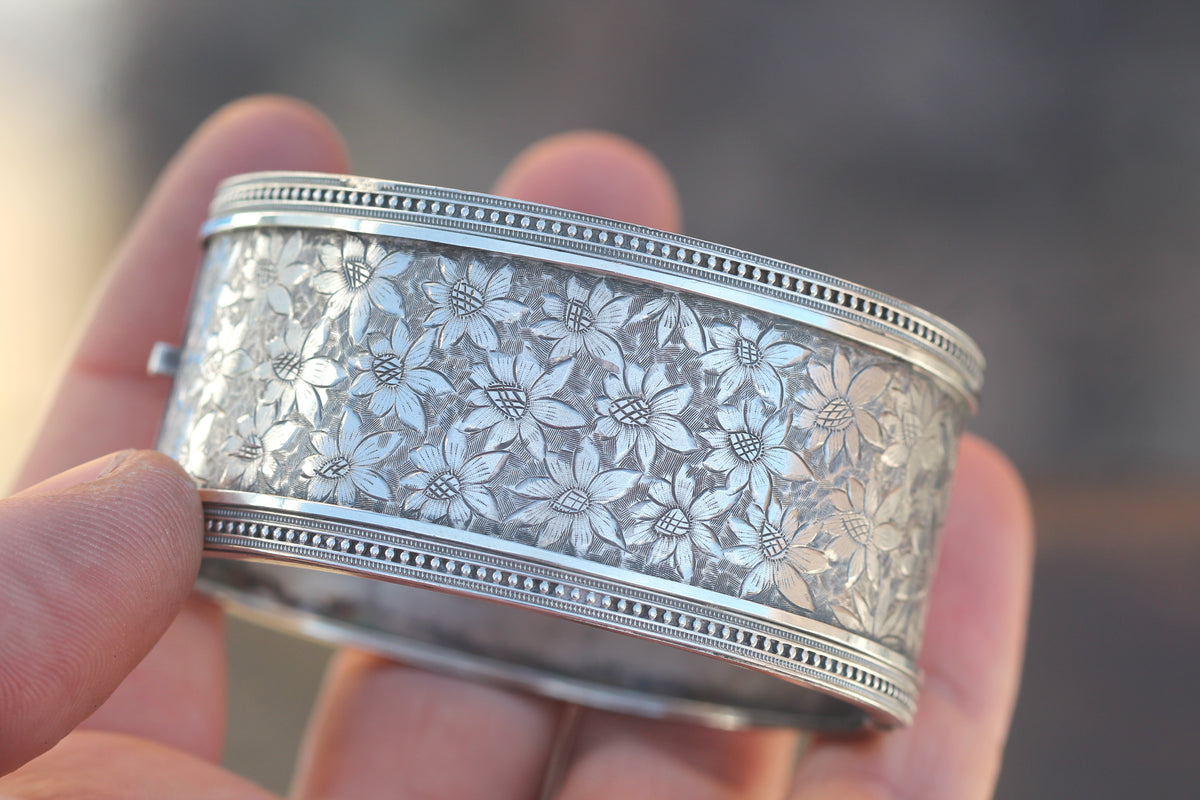 Antique Victorian Sterling Silver Floral Engraved Cuff Bangle | 1882 — view 14