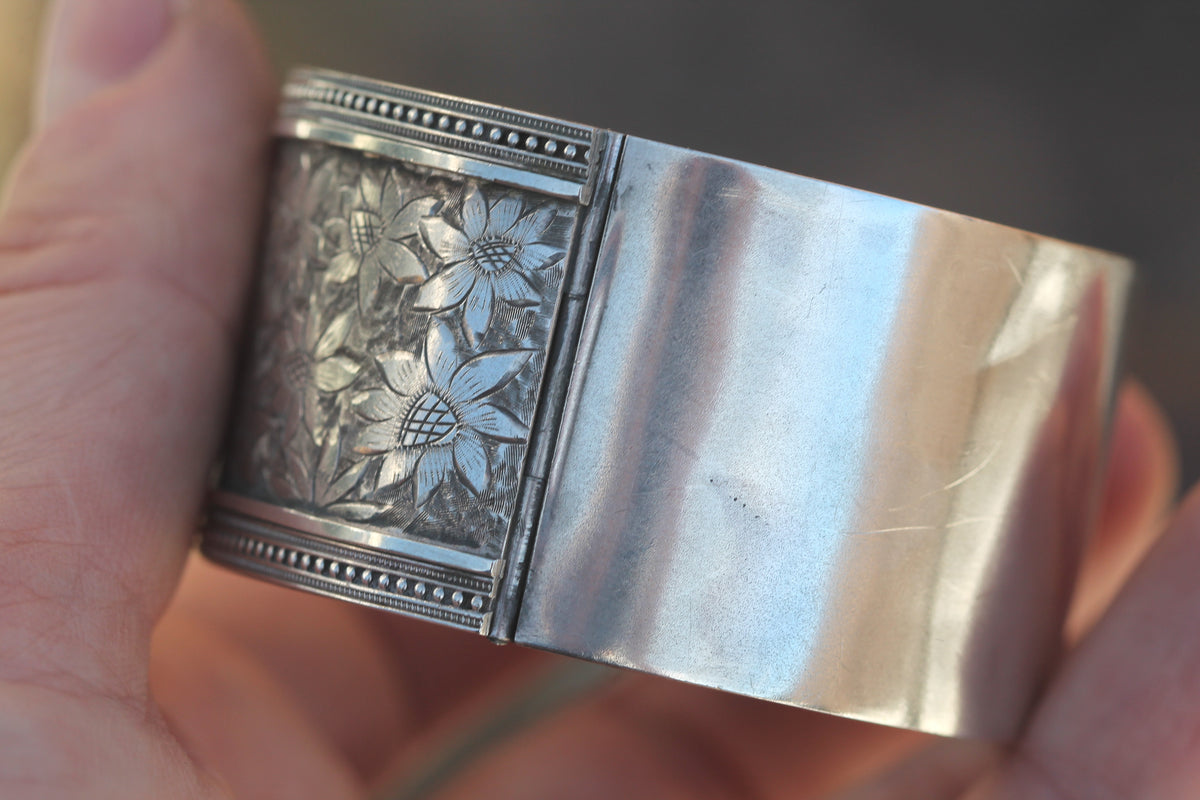 Antique Victorian Sterling Silver Floral Engraved Cuff Bangle | 1882 — view 15