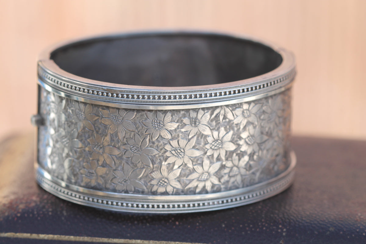 Antique Victorian Sterling Silver Floral Engraved Cuff Bangle | 1882 — view 17