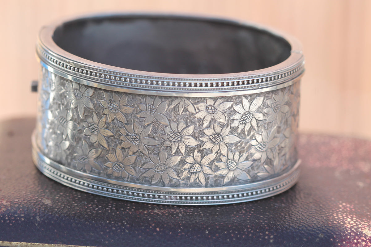 Antique Victorian Sterling Silver Floral Engraved Cuff Bangle | 1882 — view 18