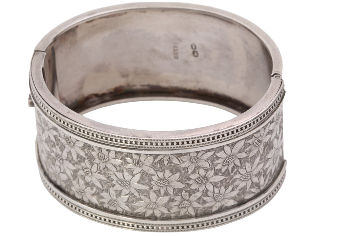 Antique Victorian Sterling Silver Floral Engraved Cuff Bangle | 1882 — view 19