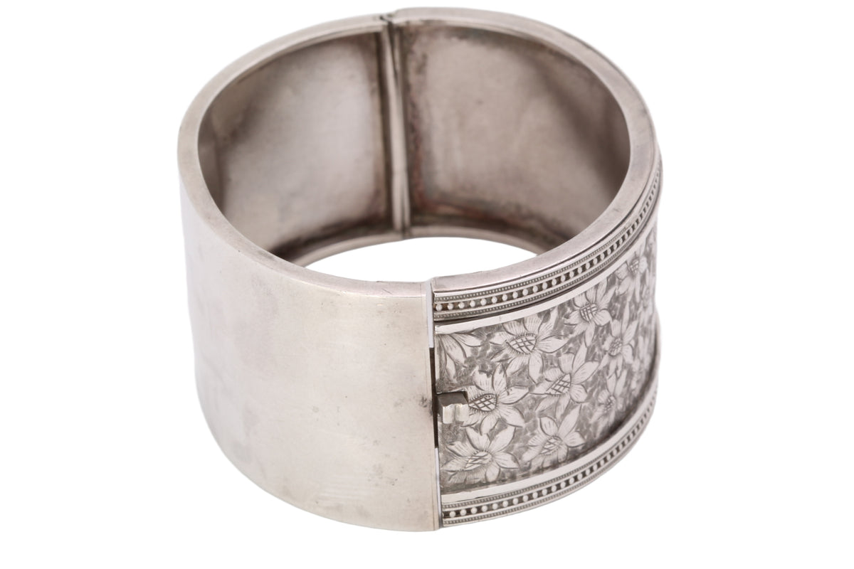 Antique Victorian Sterling Silver Floral Engraved Cuff Bangle | 1882 — view 5