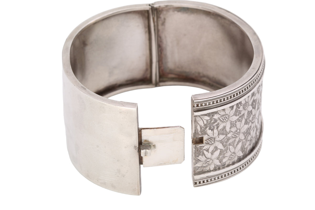 Antique Victorian Sterling Silver Floral Engraved Cuff Bangle | 1882 — view 7
