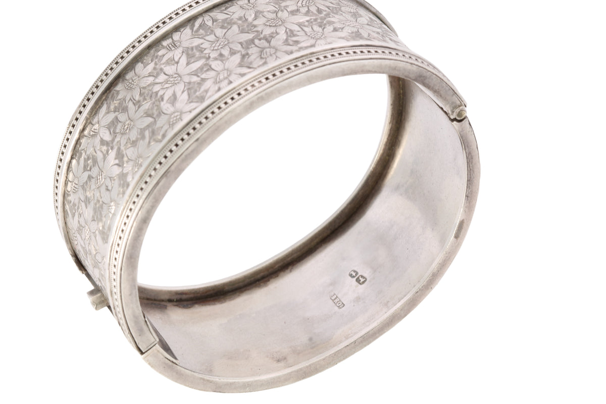 Antique Victorian Sterling Silver Floral Engraved Cuff Bangle | 1882 — view 6