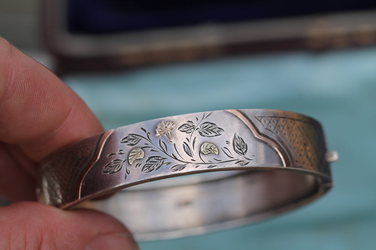 Antique Victorian Sterling Silver & 9ct Rose Green Gold Bangle | 1883 — view 7