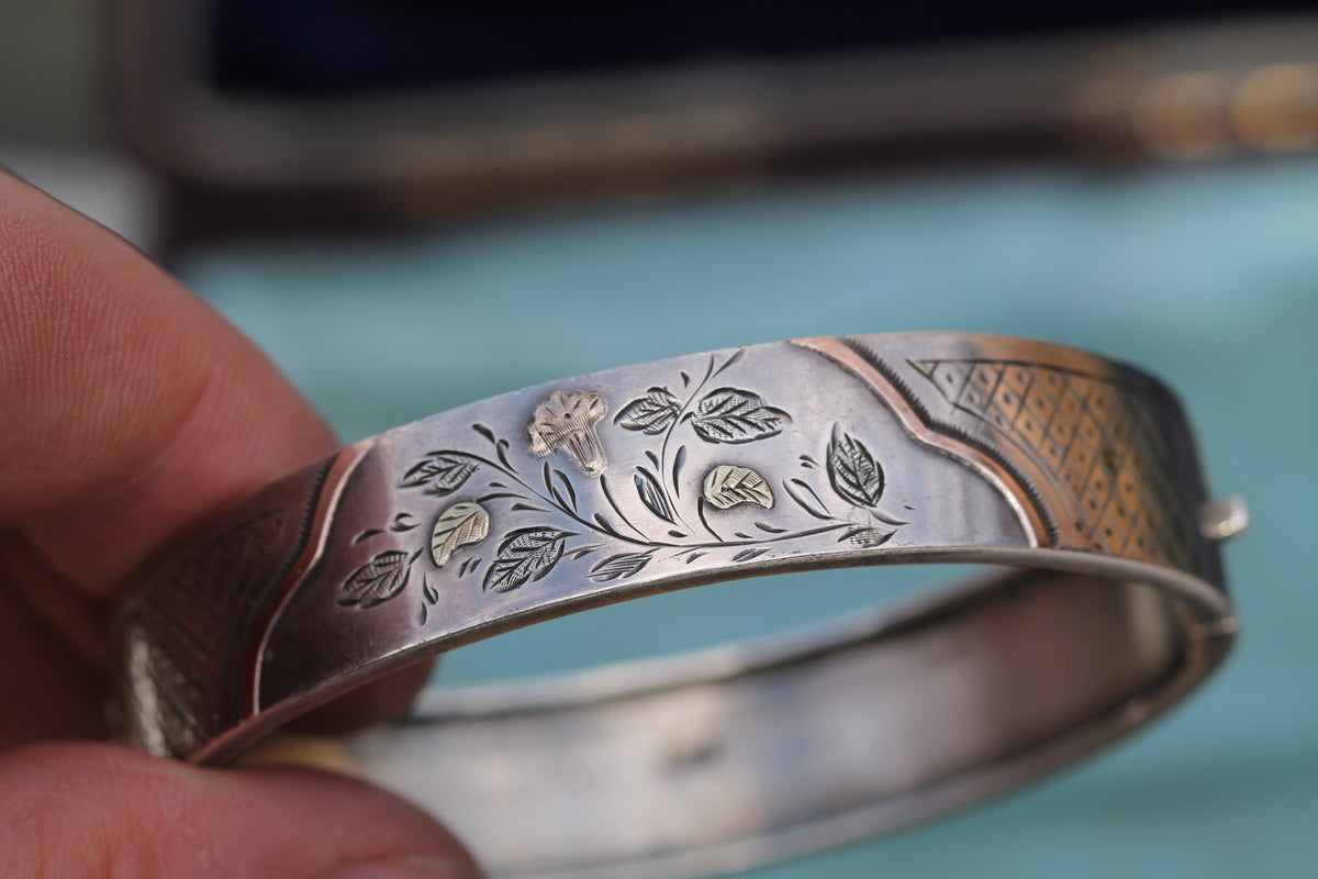 Antique Victorian Sterling Silver & 9ct Rose Green Gold Bangle | 1883 — view 5