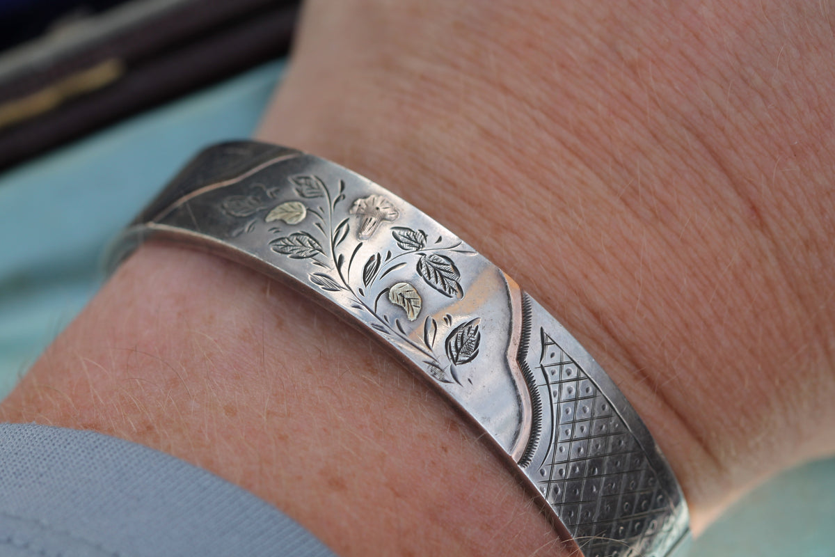 Antique Victorian Sterling Silver & 9ct Rose Green Gold Bangle | 1883 — view 8
