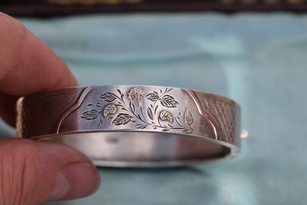 Antique Victorian Sterling Silver & 9ct Rose Green Gold Bangle | 1883 — view 14