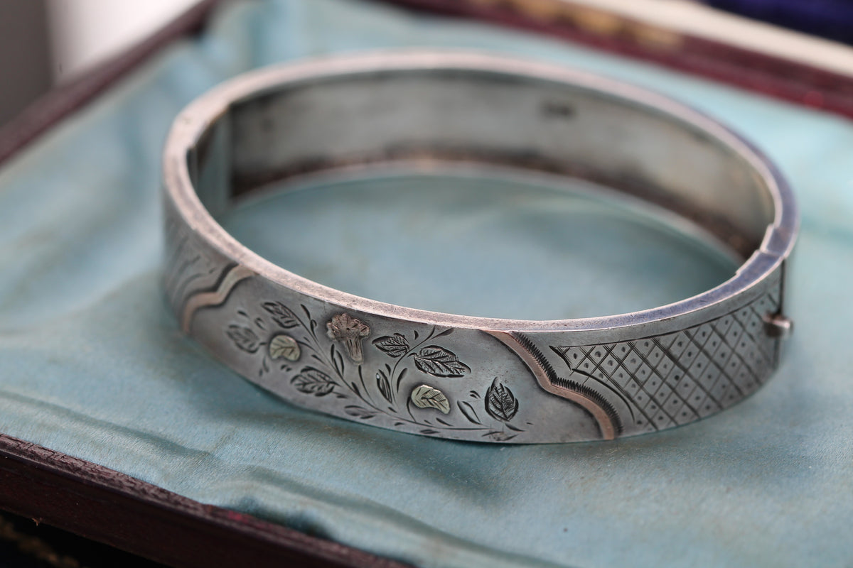 Antique Victorian Sterling Silver & 9ct Rose Green Gold Bangle | 1883 — view 15