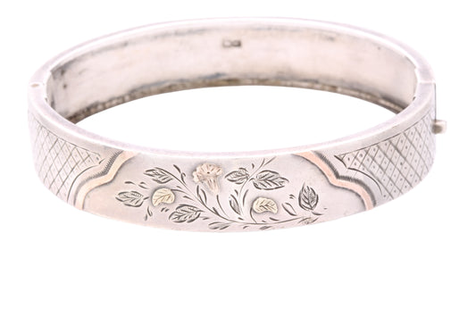 Antique Victorian sterling silver bangle with 9ct rose and green gold floral highlights