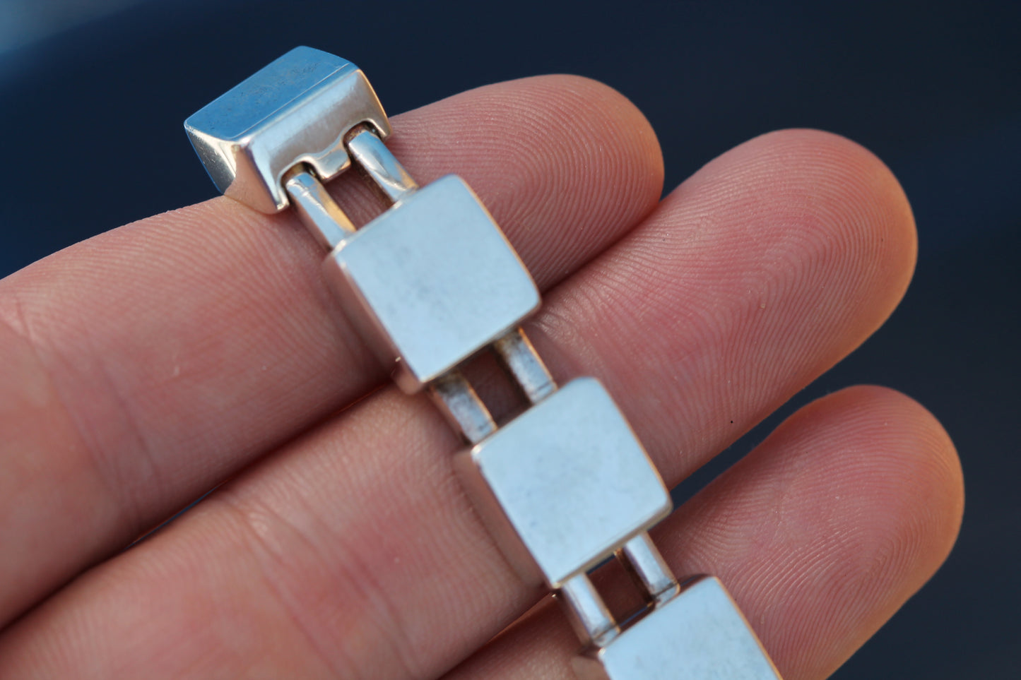 Vintage Georg Jensen geometric sterling silver bracelet on wrist