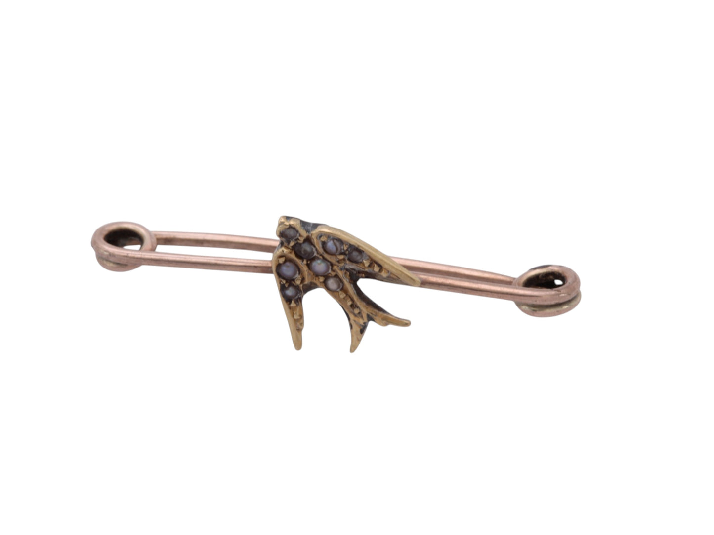 Antique Edwardian 9ct Gold Pearl Swallow Brooch | Safety Pin c.1905 — view 11