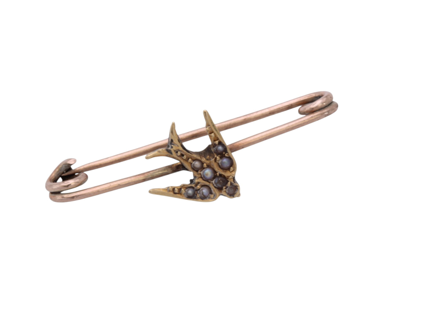Antique Edwardian 9ct Gold Pearl Swallow Brooch | Safety Pin c.1905 — view 5