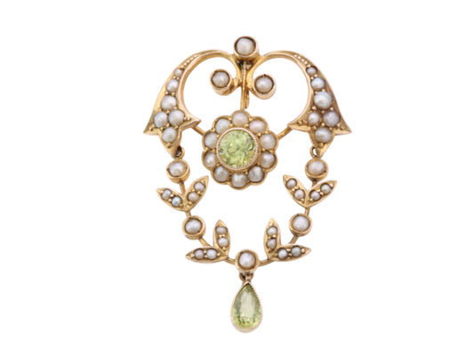 Antique Edwardian 9ct gold chrysoprase and seed pearl articulated pendant