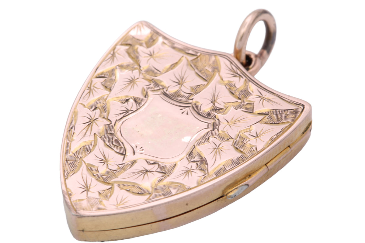 Antique Edwardian 9ct gold shield locket with engraved ivy leaf decoration