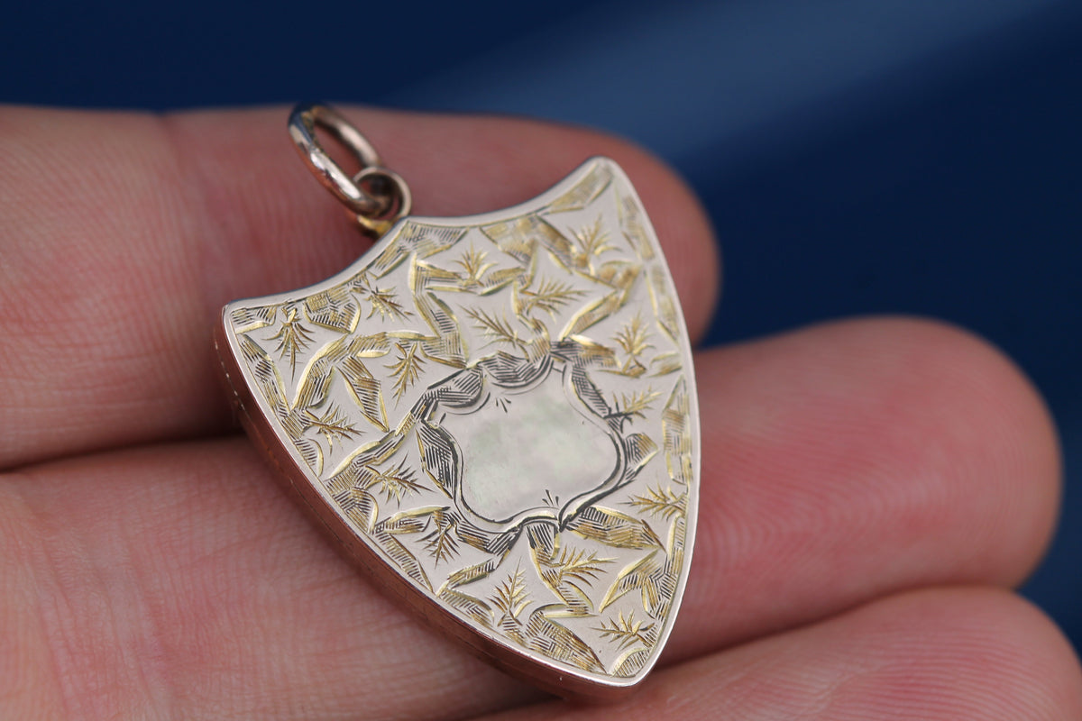 Close-up of engraved shield locket with plain central cartouche