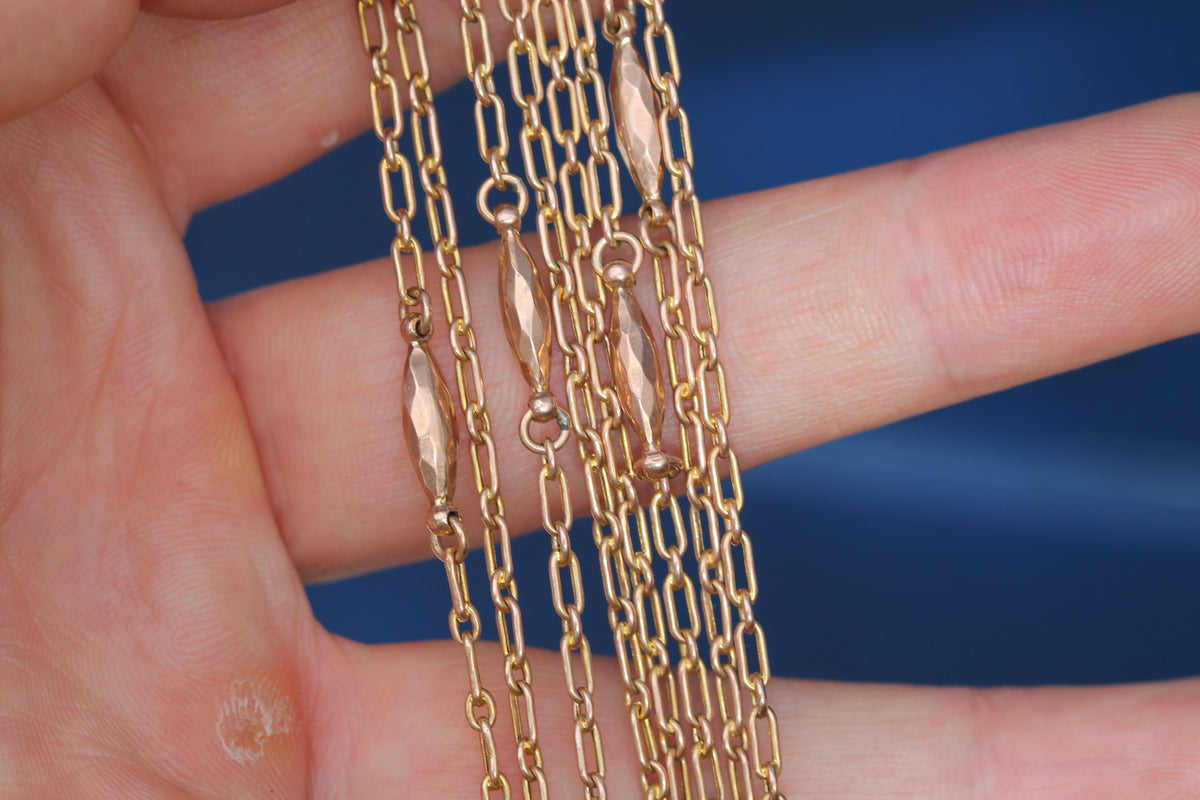Antique 9ct Gold Trombone Link Long Guard Chain with Dog Clip c.1900 — view 7