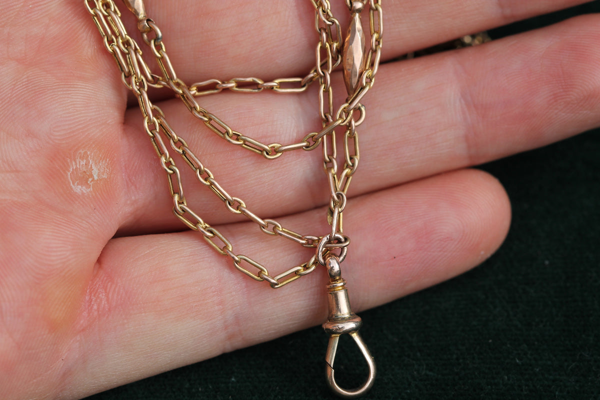 Antique 9ct Gold Trombone Link Long Guard Chain with Dog Clip c.1900 — view 9