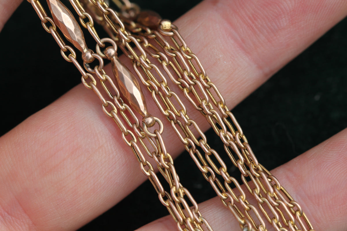 Antique 9ct Gold Trombone Link Long Guard Chain with Dog Clip c.1900 — view 10