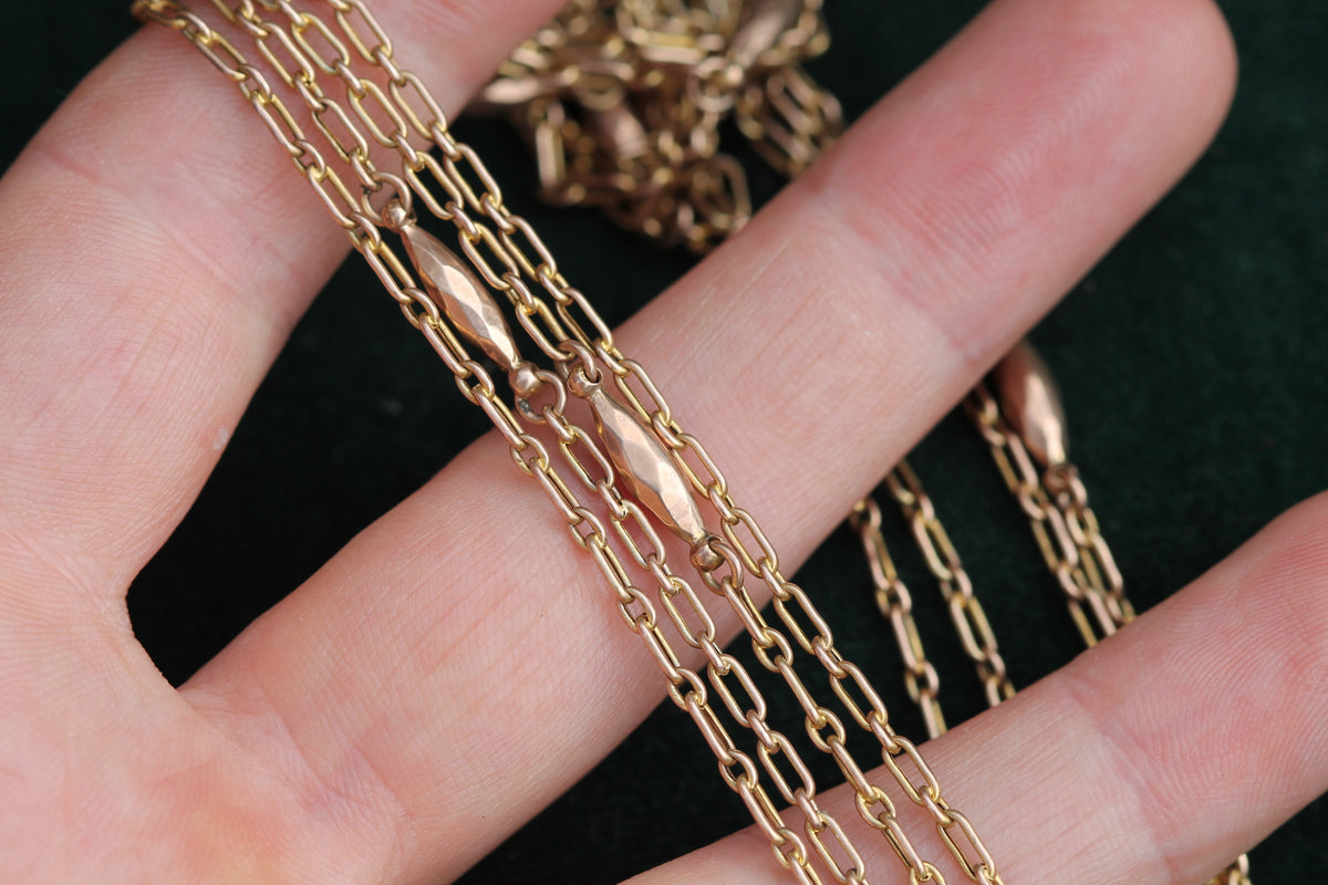 Antique 9ct Gold Trombone Link Long Guard Chain with Dog Clip c.1900 — view 11