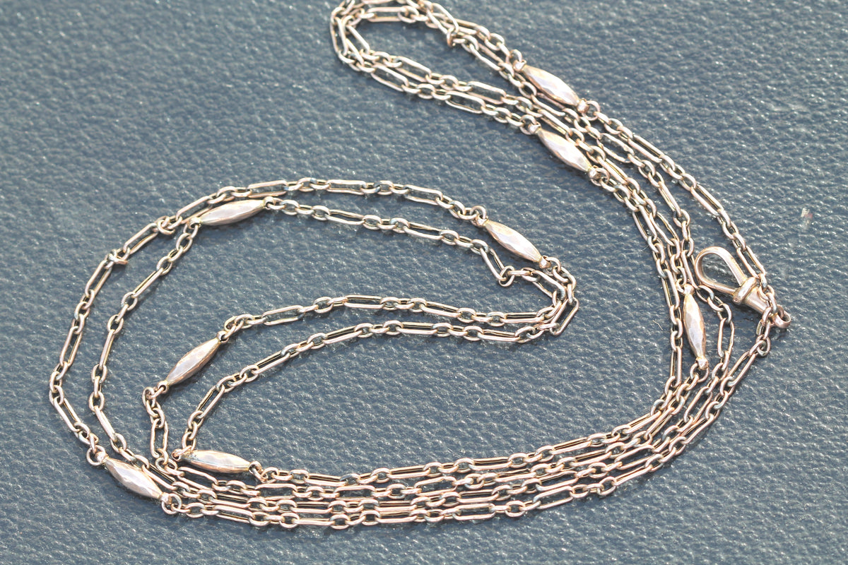 Antique Victorian 9ct Rose Gold Trombone & Faceted Tab Long Guard Chain c.1890 | 56" — view 5