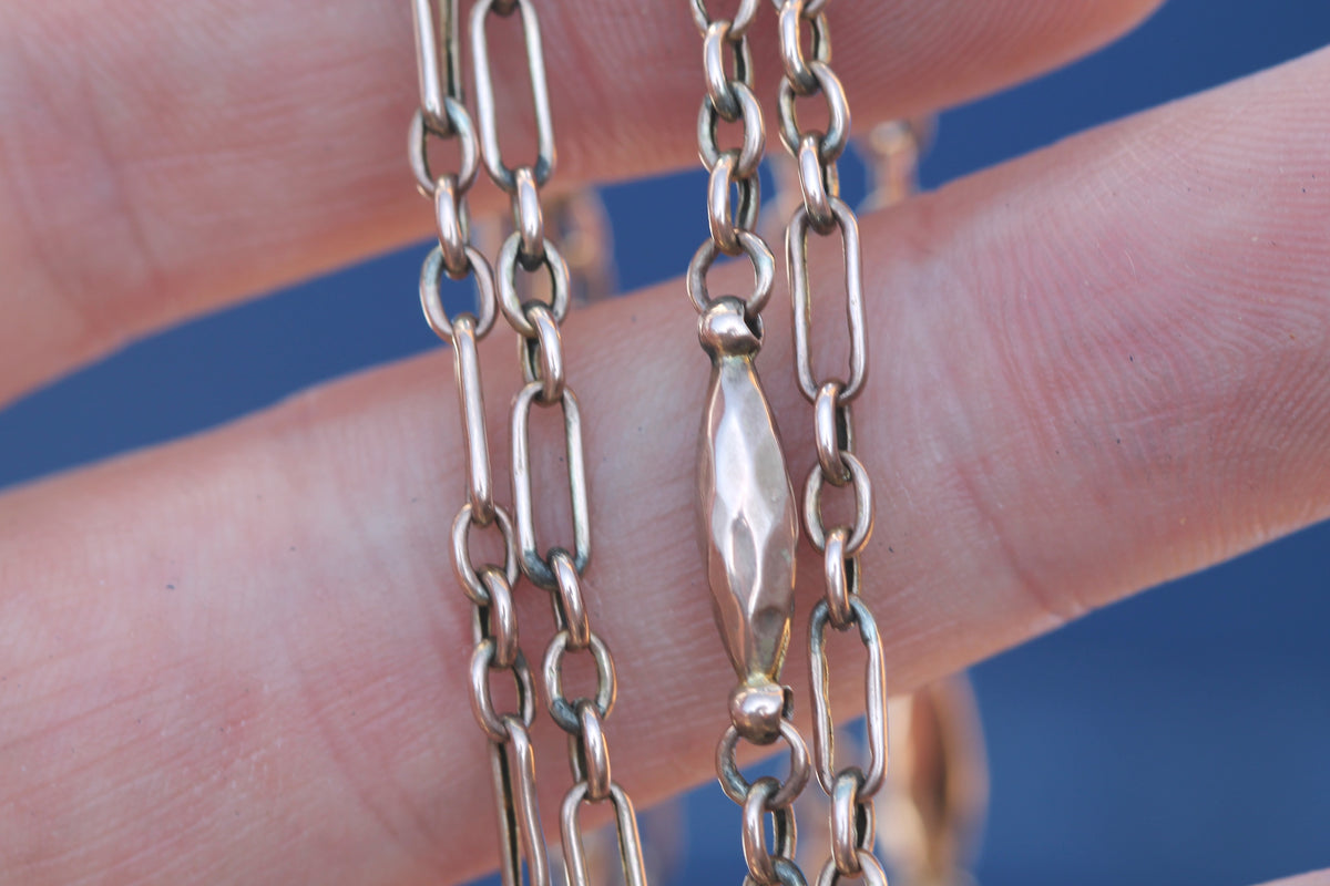 Antique Victorian 9ct Rose Gold Trombone & Faceted Tab Long Guard Chain c.1890 | 56" — view 10
