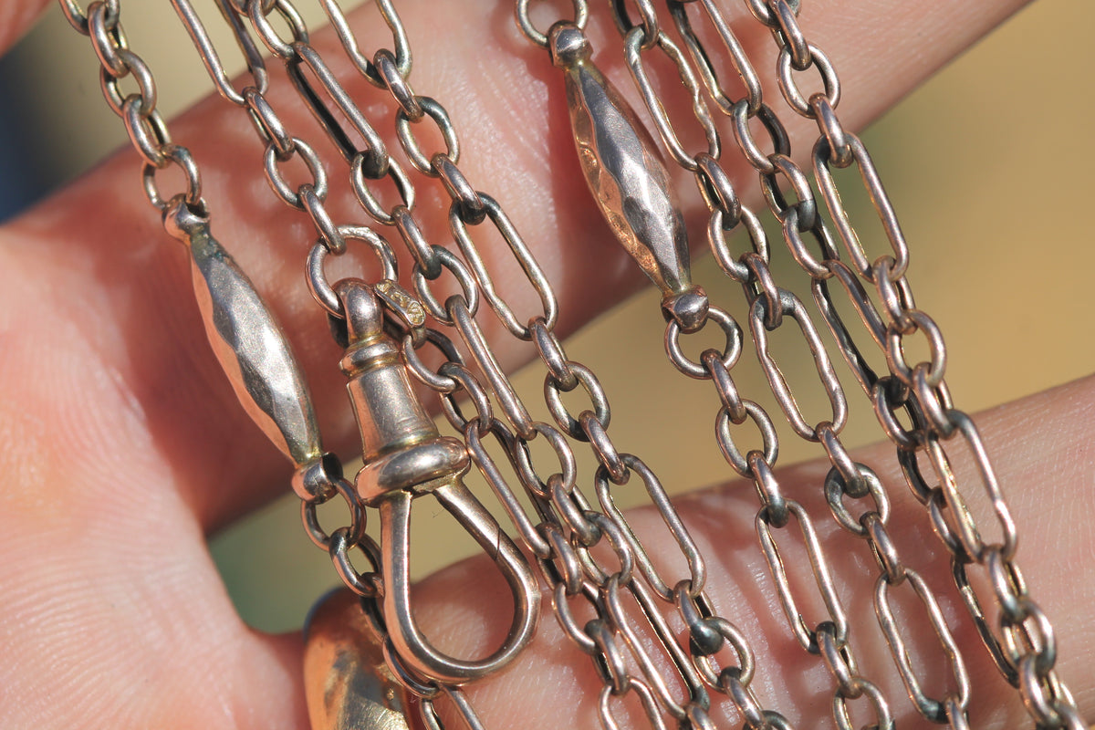 Antique Victorian 9ct Rose Gold Trombone & Faceted Tab Long Guard Chain c.1890 | 56" — view 11