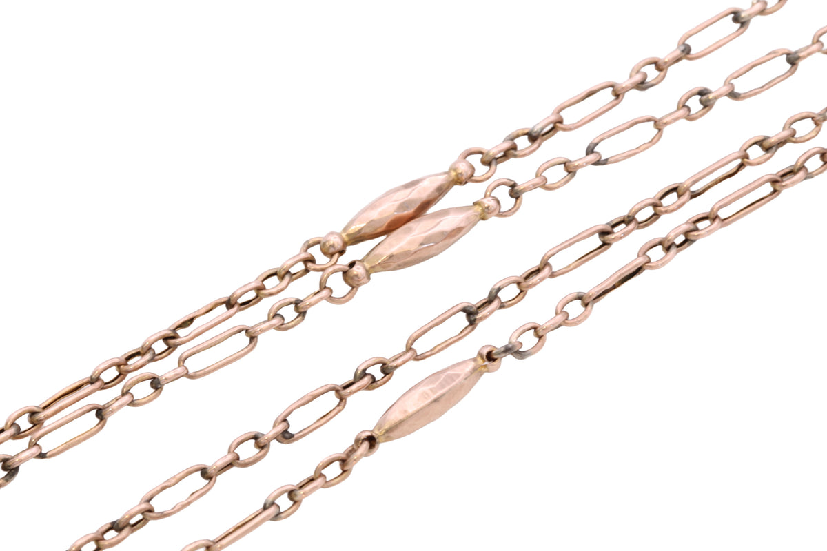 Antique Victorian 9ct Rose Gold Trombone & Faceted Tab Long Guard Chain c.1890 | 56" — view 6