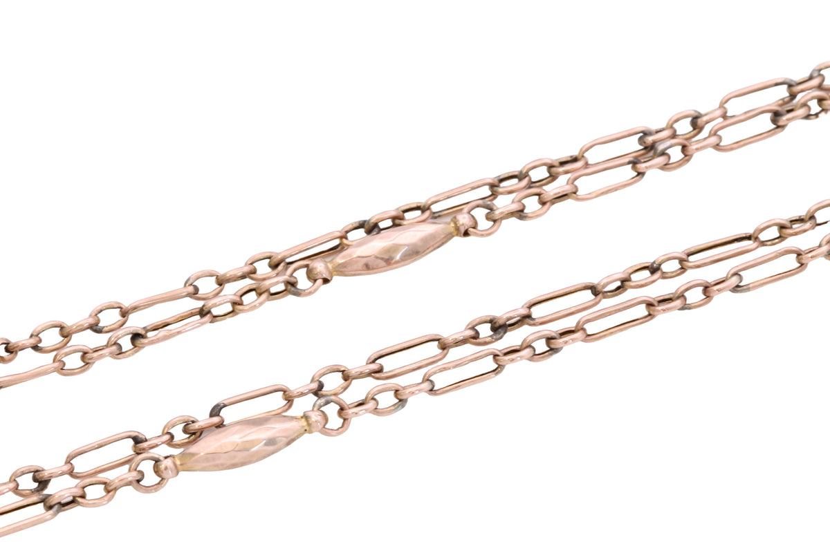 Antique Victorian 9ct Rose Gold Trombone & Faceted Tab Long Guard Chain c.1890 | 56" — view 12
