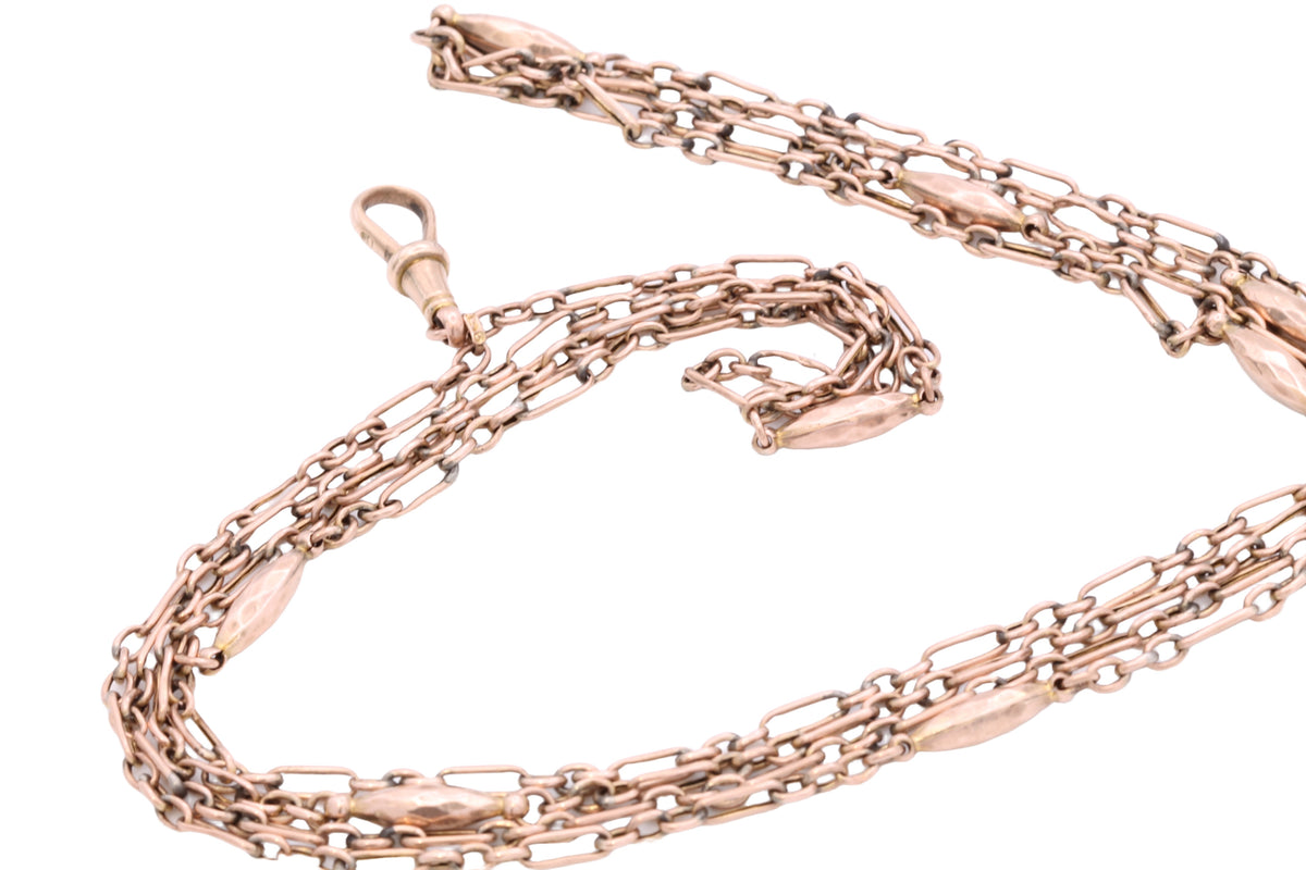 Antique Victorian 9ct Rose Gold Trombone & Faceted Tab Long Guard Chain c.1890 | 56" — view 9