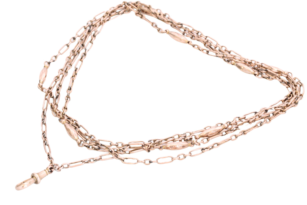 Antique Victorian 9ct Rose Gold Trombone & Faceted Tab Long Guard Chain c.1890 | 56" — view 13