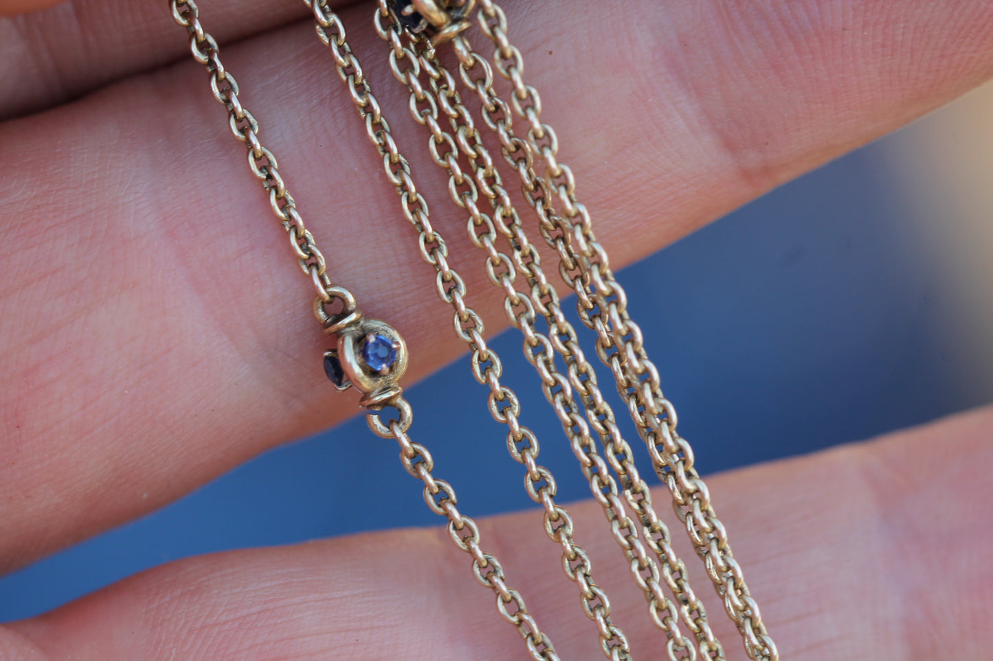 Antique 14ct Gold Sapphire Station Long Guard Chain Necklace c.1900 — view 5