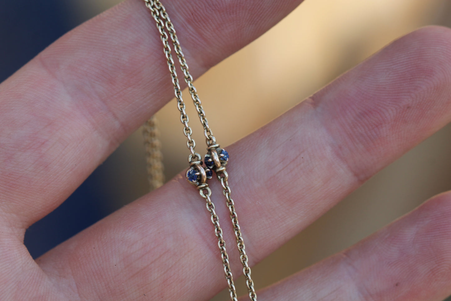 Antique 14ct Gold Sapphire Station Long Guard Chain Necklace c.1900 — view 10