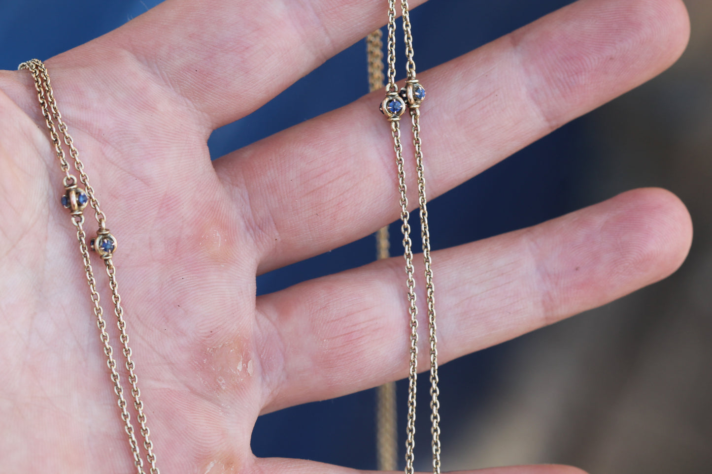 Antique 14ct Gold Sapphire Station Long Guard Chain Necklace c.1900 — view 11