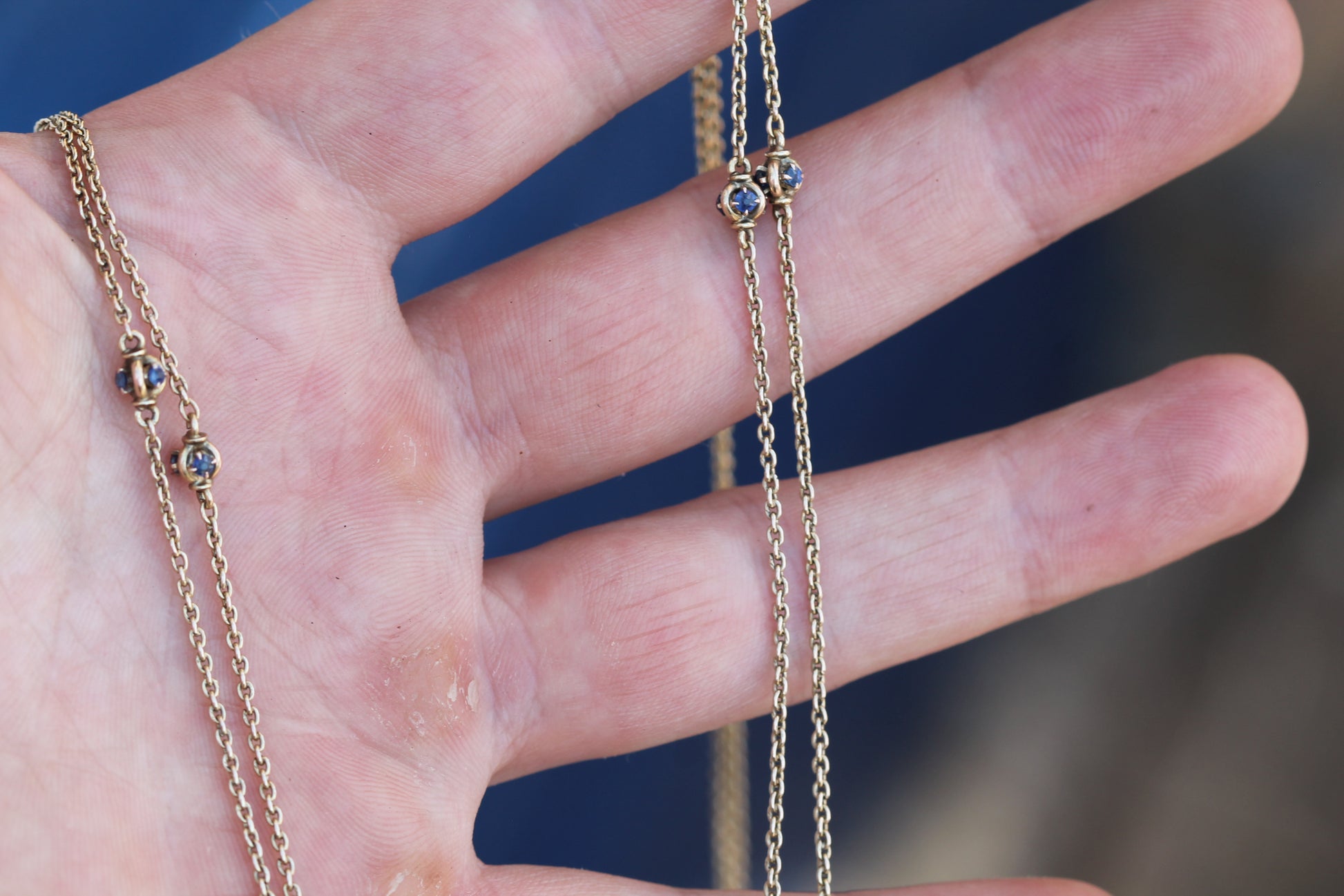 Antique 14ct Gold Sapphire Station Long Guard Chain Necklace c.1900 — view 11