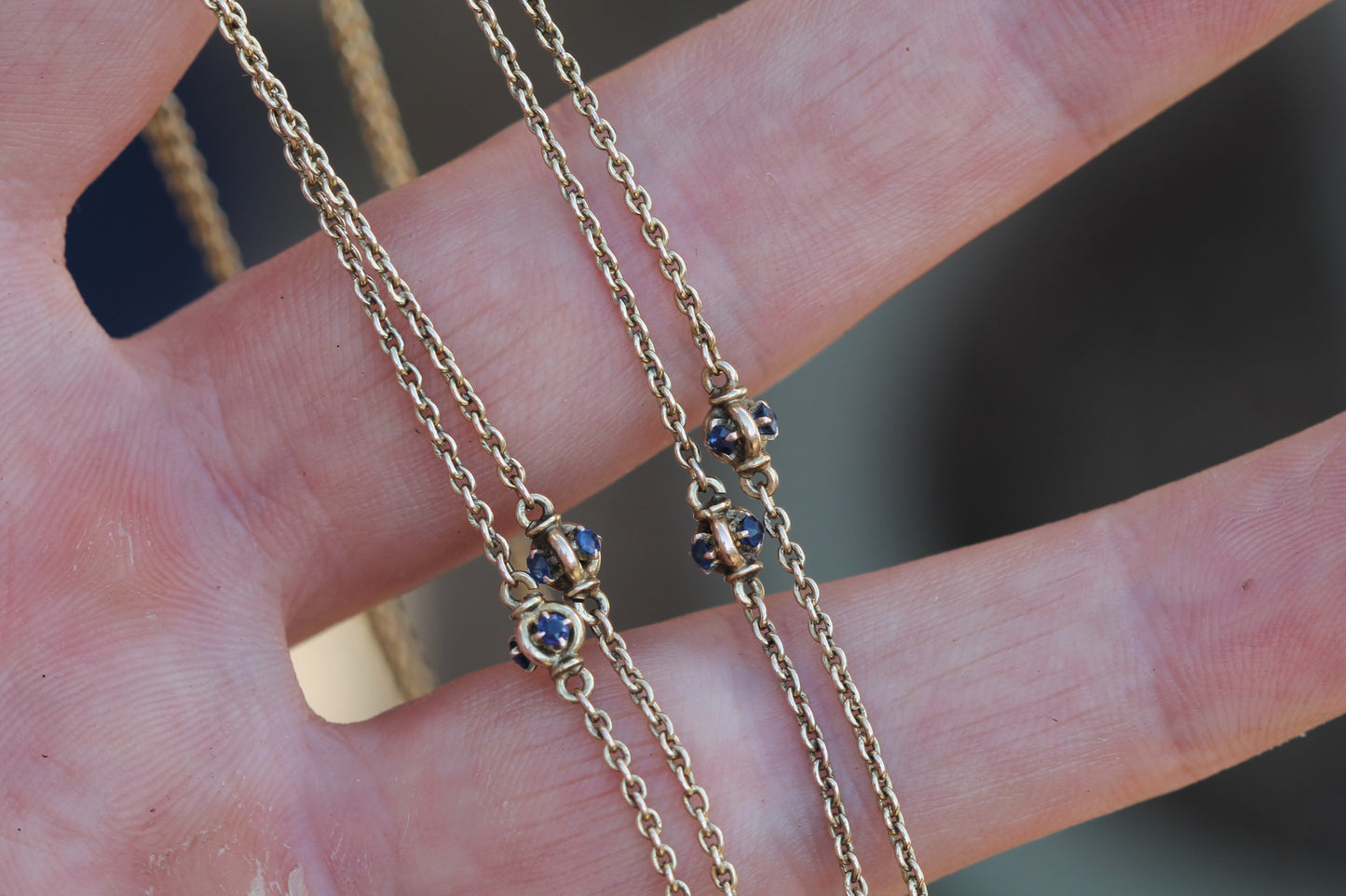 Antique 14ct Gold Sapphire Station Long Guard Chain Necklace c.1900 — view 12