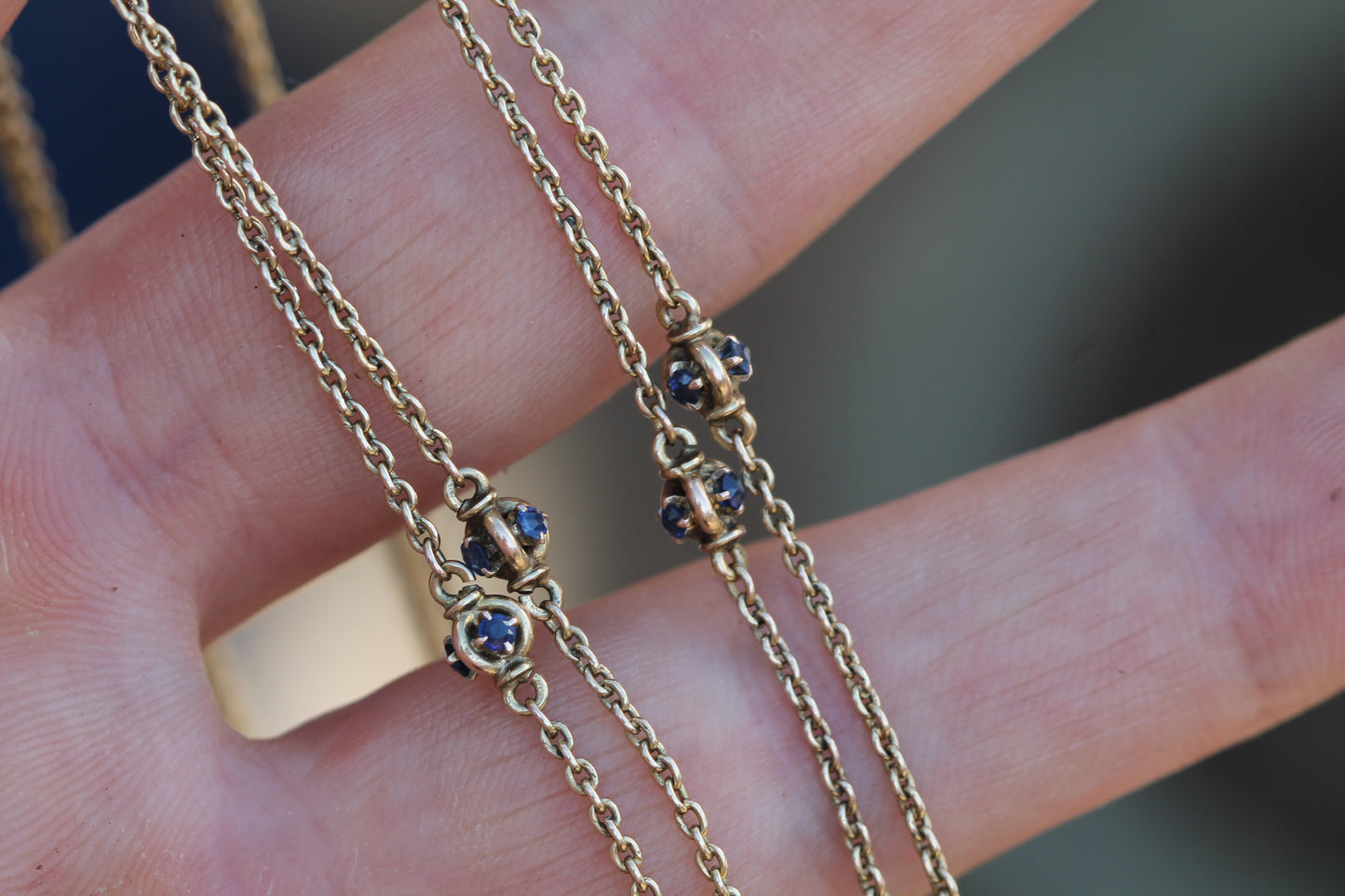 Antique 14ct Gold Sapphire Station Long Guard Chain Necklace c.1900 — view 13