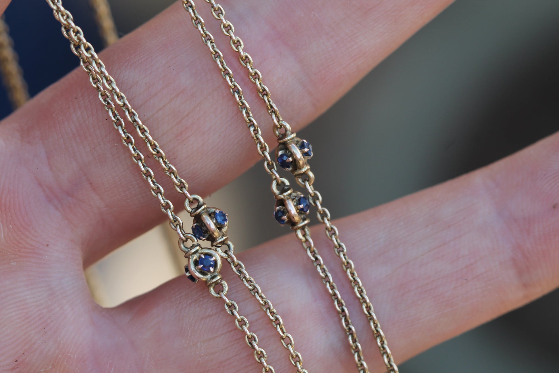Antique 14ct Gold Sapphire Station Long Guard Chain Necklace c.1900 — view 13