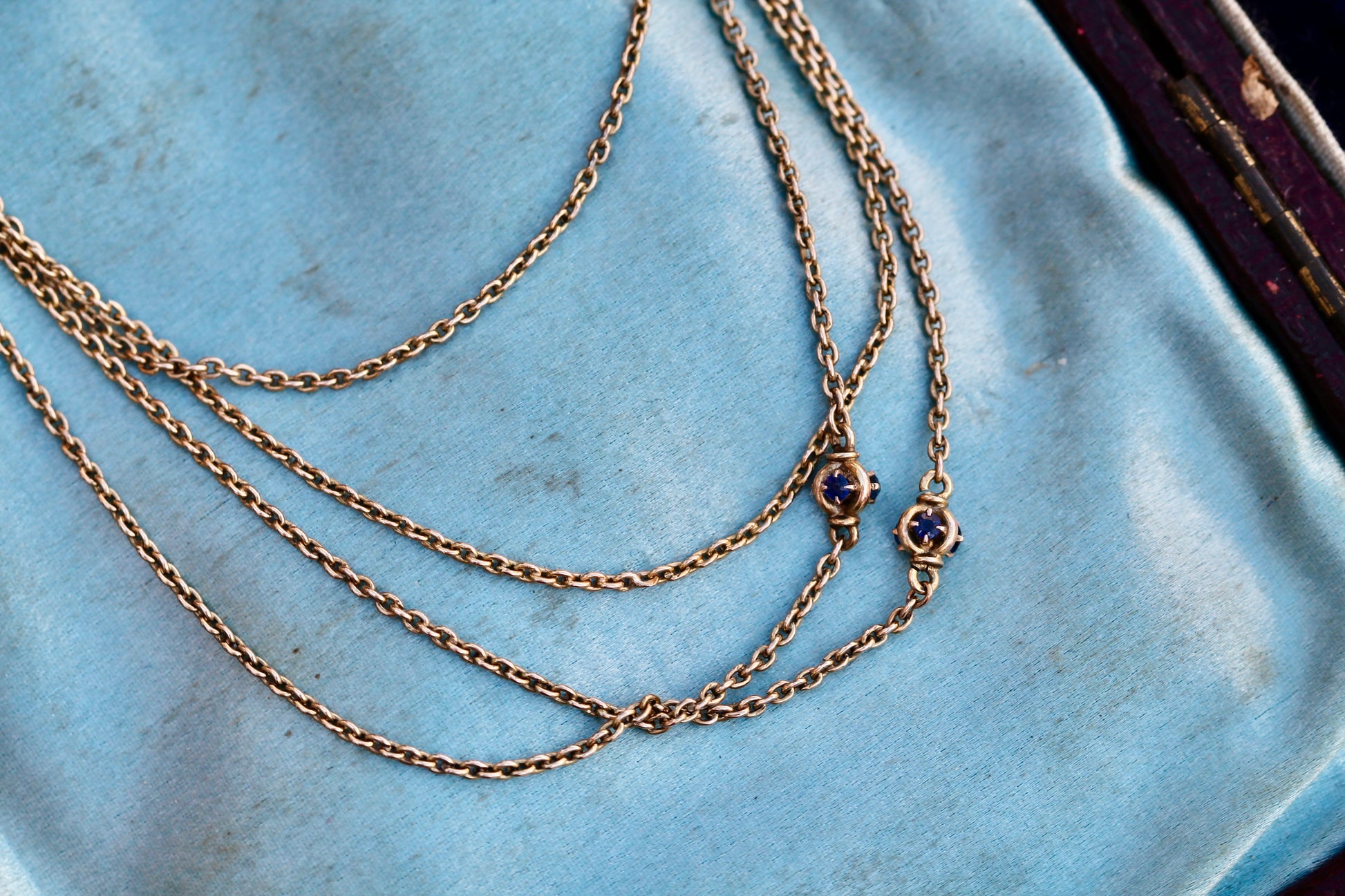 Antique 14ct Gold Sapphire Station Long Guard Chain Necklace c.1900 — view 6
