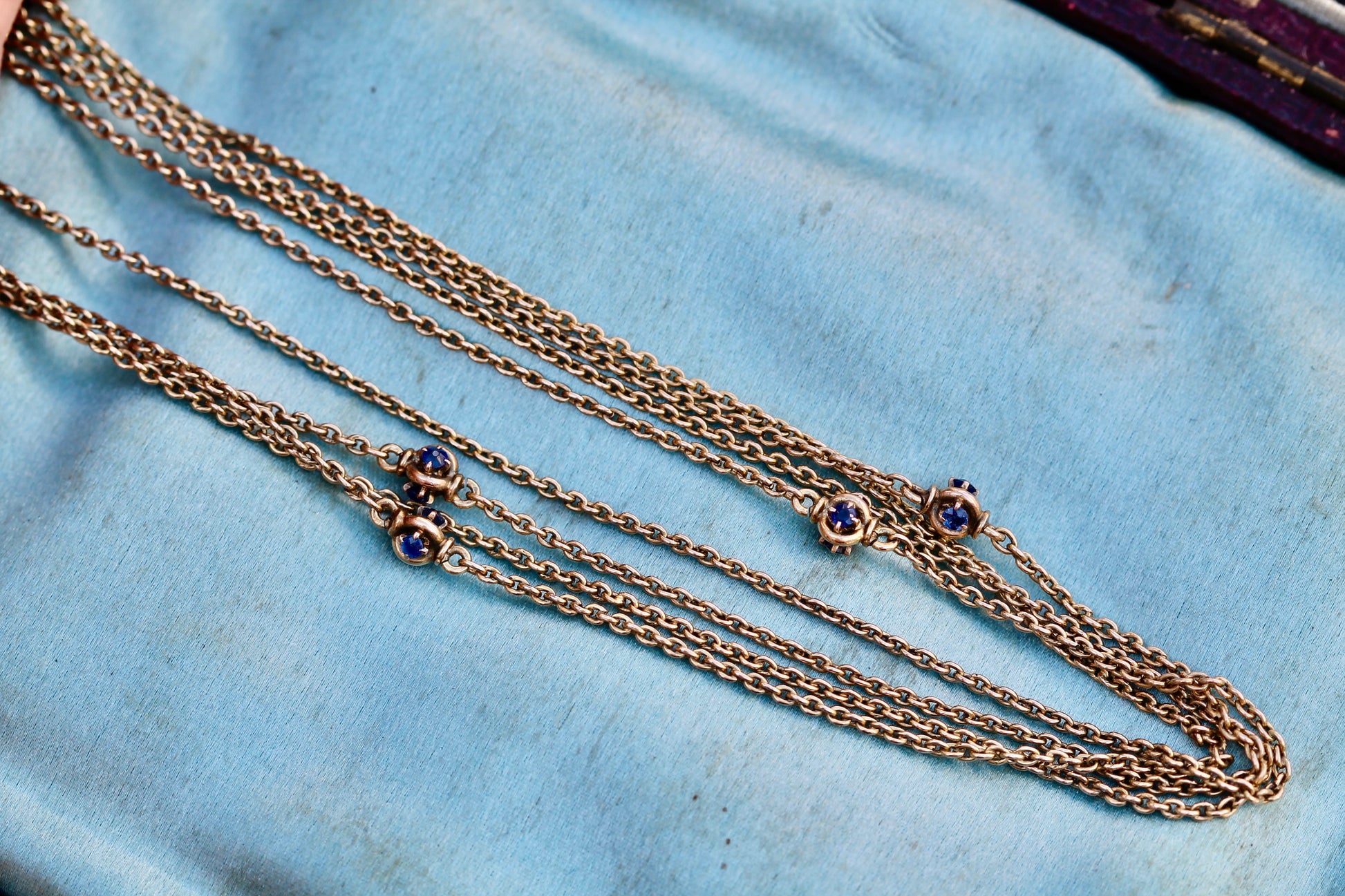 Antique 14ct Gold Sapphire Station Long Guard Chain Necklace c.1900 — view 14