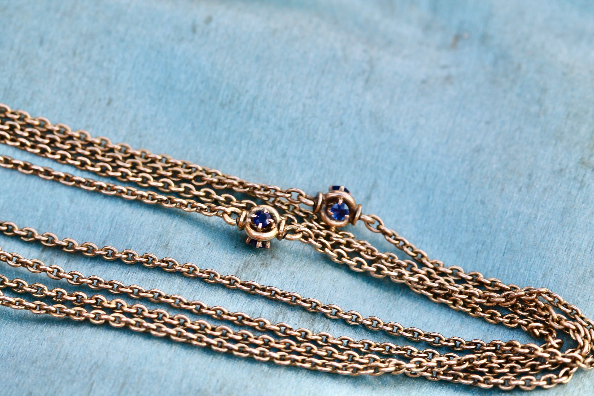 Antique 14ct Gold Sapphire Station Long Guard Chain Necklace c.1900 — view 7