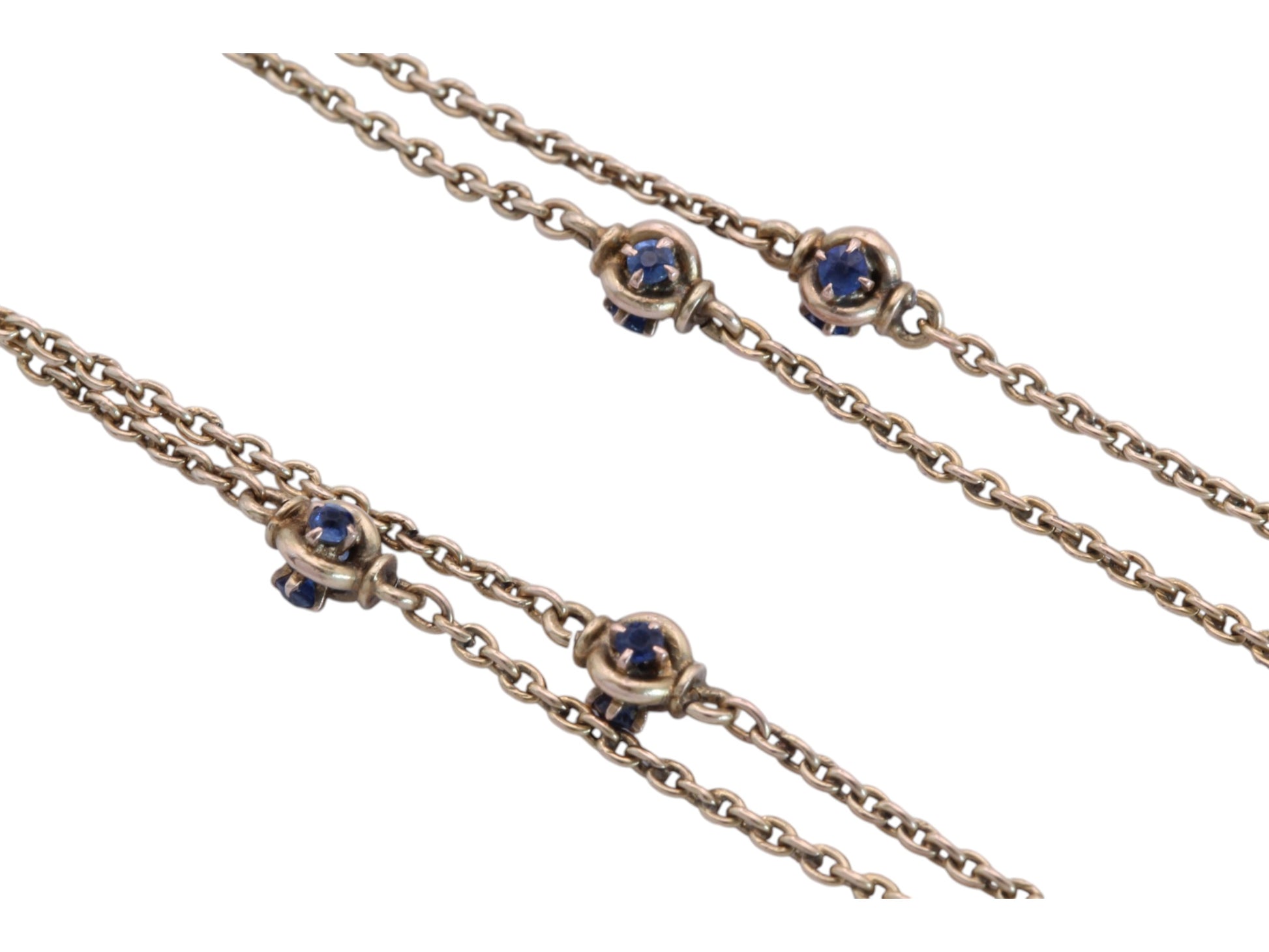 Antique 14ct Gold Sapphire Station Long Guard Chain Necklace c.1900 — view 19